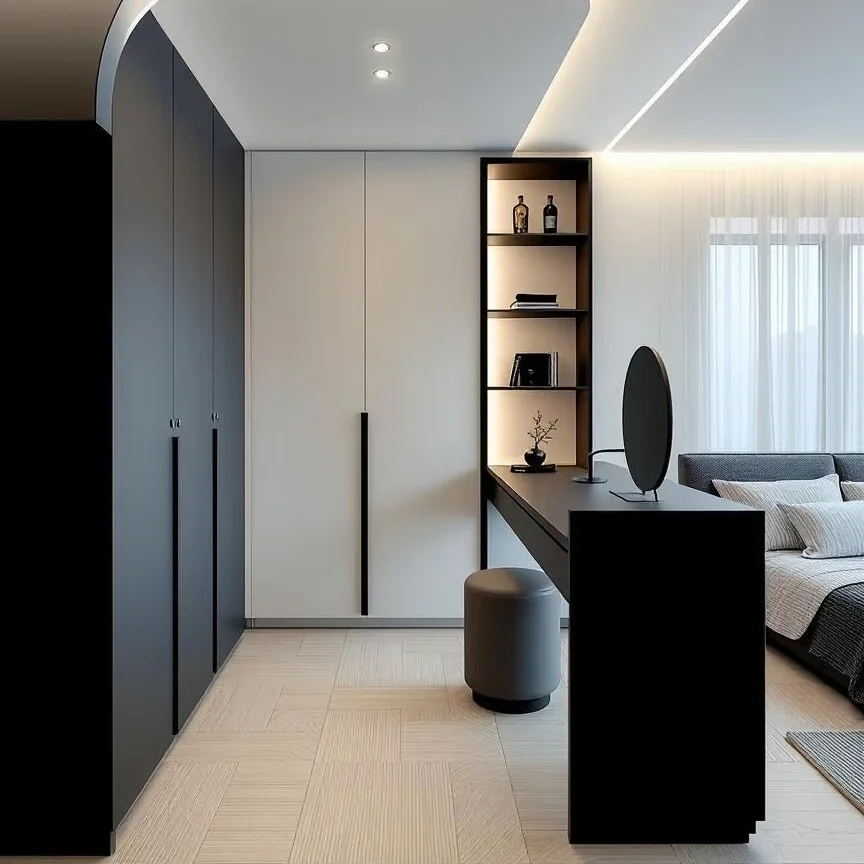 Dark wardrobe with open display niche