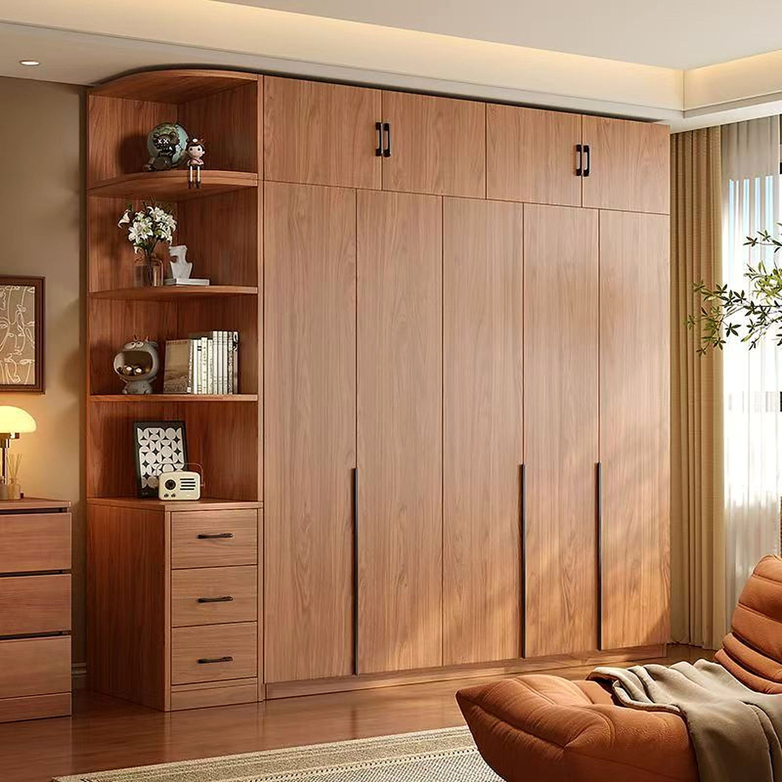 K588 walnut full-height wardrobe with shelving